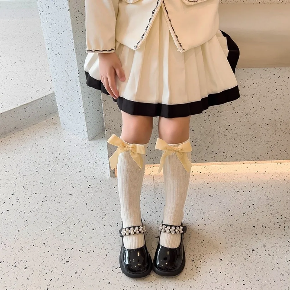 Sweet Cotton Blend Knee High Socks Bowknot Knit Texture Princess Socks Stretchable Soft Fabric Girls Stockings For Kid Girls