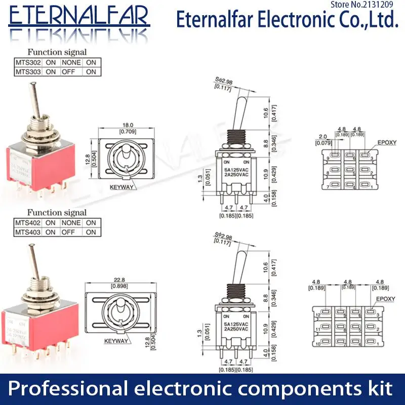 SPDT-Interruptor de palanca de enclavamiento DPDT, 6MM, MTS-102 5A 6A 125V 3A 250 AC Mini 3 6PIN ON-OFF-ON, luces basculantes, motores