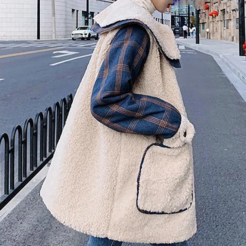 2023 Women Mid-Length Lamb Wool Jacket Spliced Plaid Vintage Fashion Elegant Warm Parkas Winter Female Loose Thicken Coat