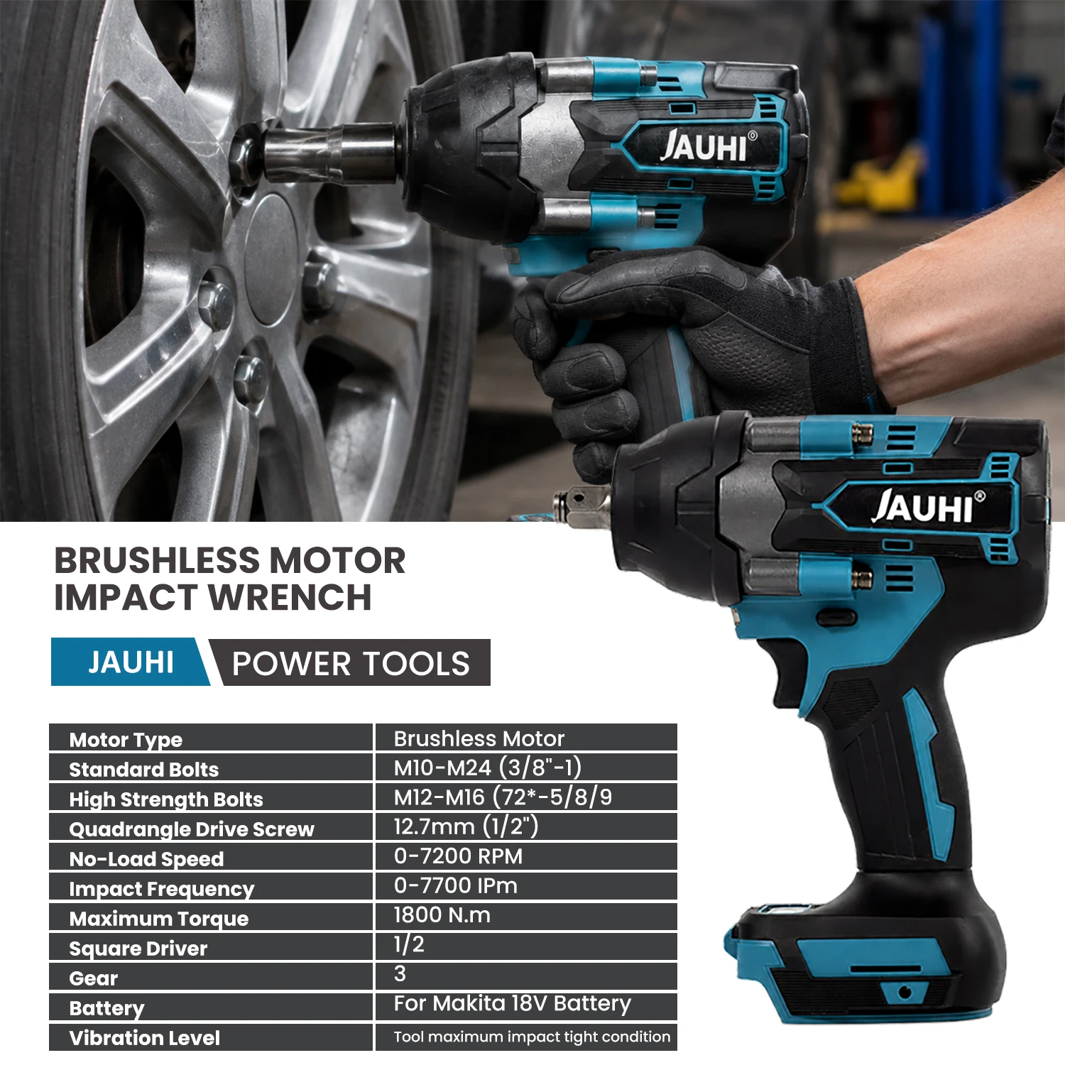 JAUHI 1800N.M Torque Brushless Electric Impact Wrench For Trucks 1/2 inch Cordless Wrench Driver Tool For Makita 18V Battery - view 3