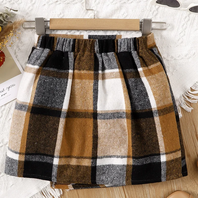 Autumn And Winter Girls Cute Cold And Warm Checkered Button Decorative Half Skirt Princess Daily Leisure Birthday Party Clothing