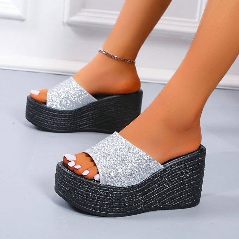 2024 Hot Sale Ladies Shoes Summer Women's Slippers Solid Sequins Open Toe High Heels Water Proof Concise Casual Slippers Women