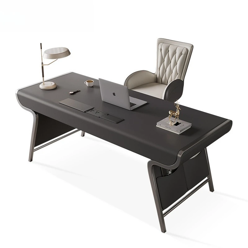 

Saddle leather desk light luxury modern solid wood home study designer modern desk Italian minimalist computer desk