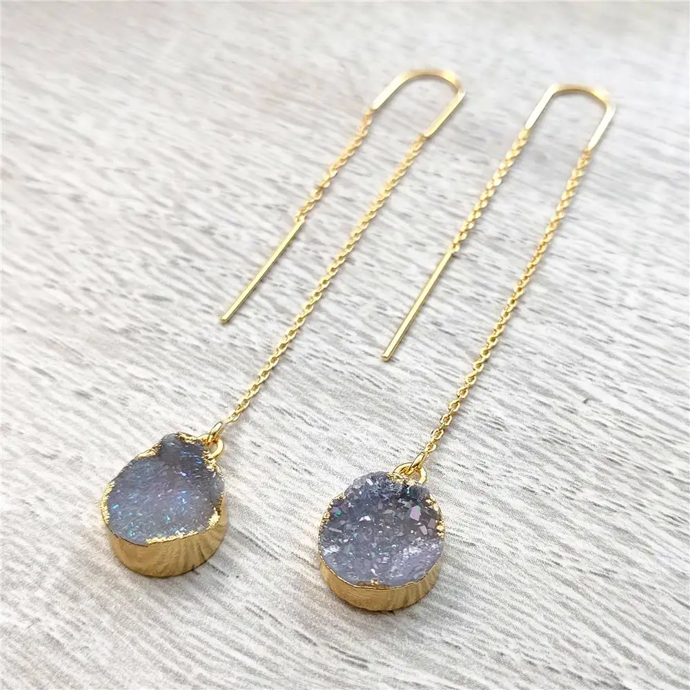 

FUWO Wholesale Round Aura Druzy Threader Earrings,Golden Minimalist Titanium Plating Drusy Crystal Jewelry For Women 5Pair ER145