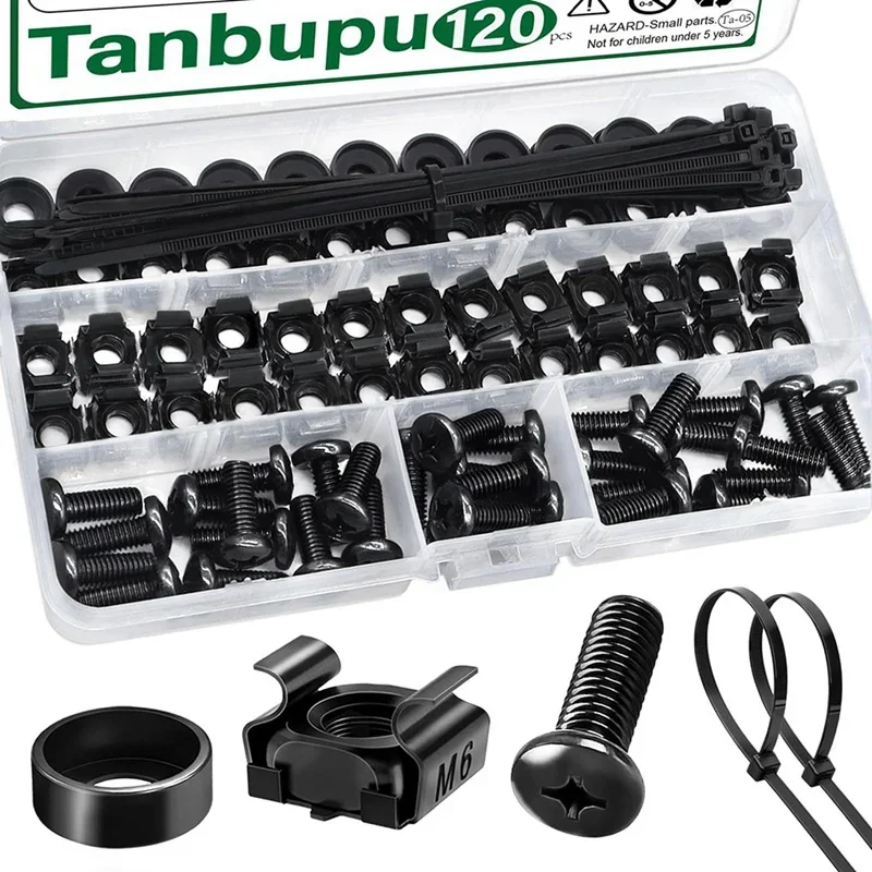 120pcs M6 Cage Screw Nut Washer Set Self-Locking Cable Ties Assortment Kit for Server Shelf Cabinets & Rack Mount Thread