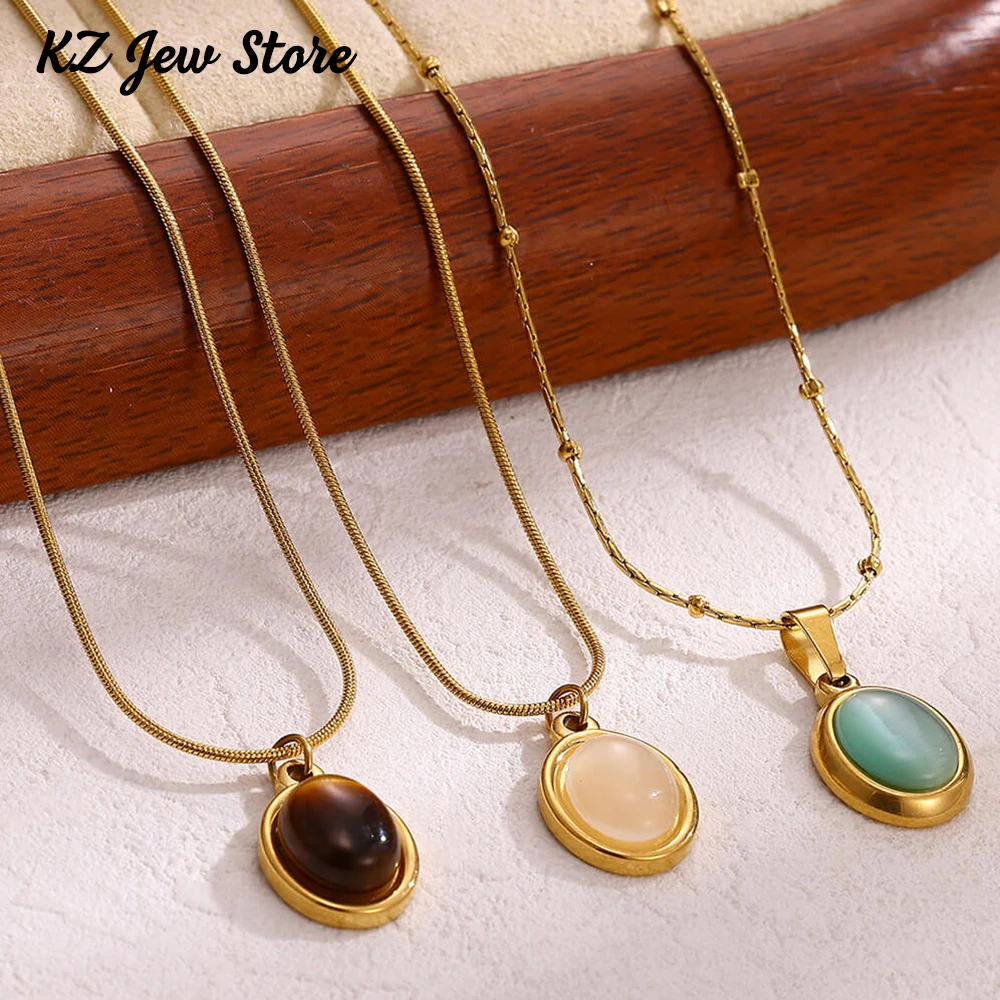 Vintage Braun Stein Collier Elegant Für Frauen Party Kleidung Zubehör Gold Farbe Edelstahl Oval Halskette Schmuck Geschenk
