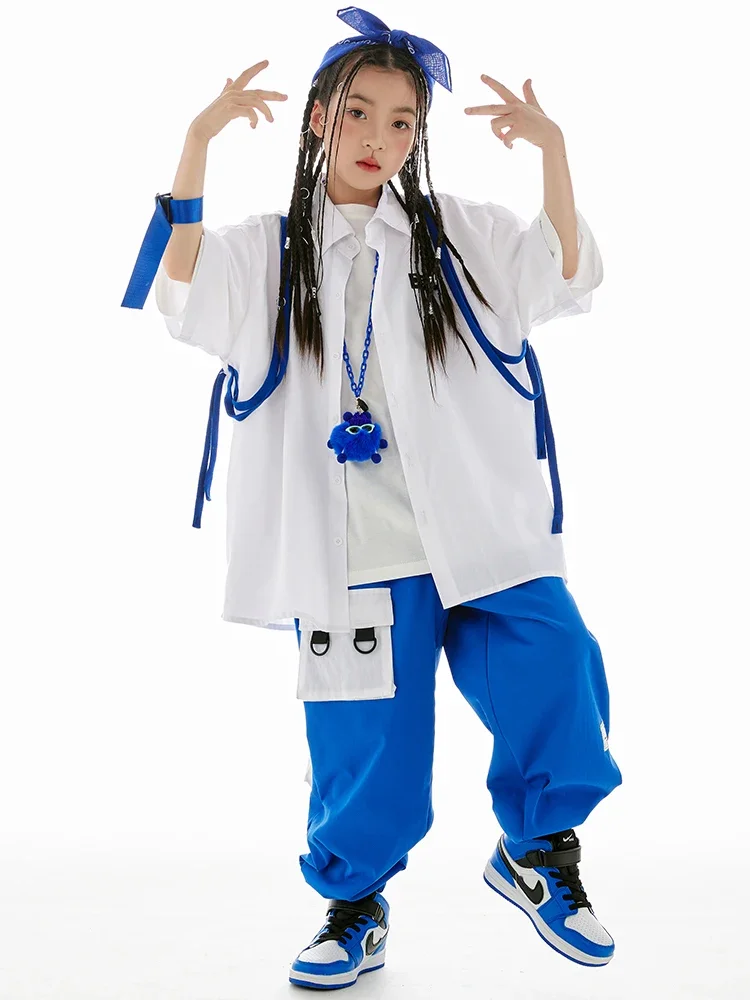 Kinder Hip Hop Kostüm Street Dance Outfits Mode Weißes Hemd Blaue Hosen Jungen Hiphop Leistung Kleidung Mädchen Tragen