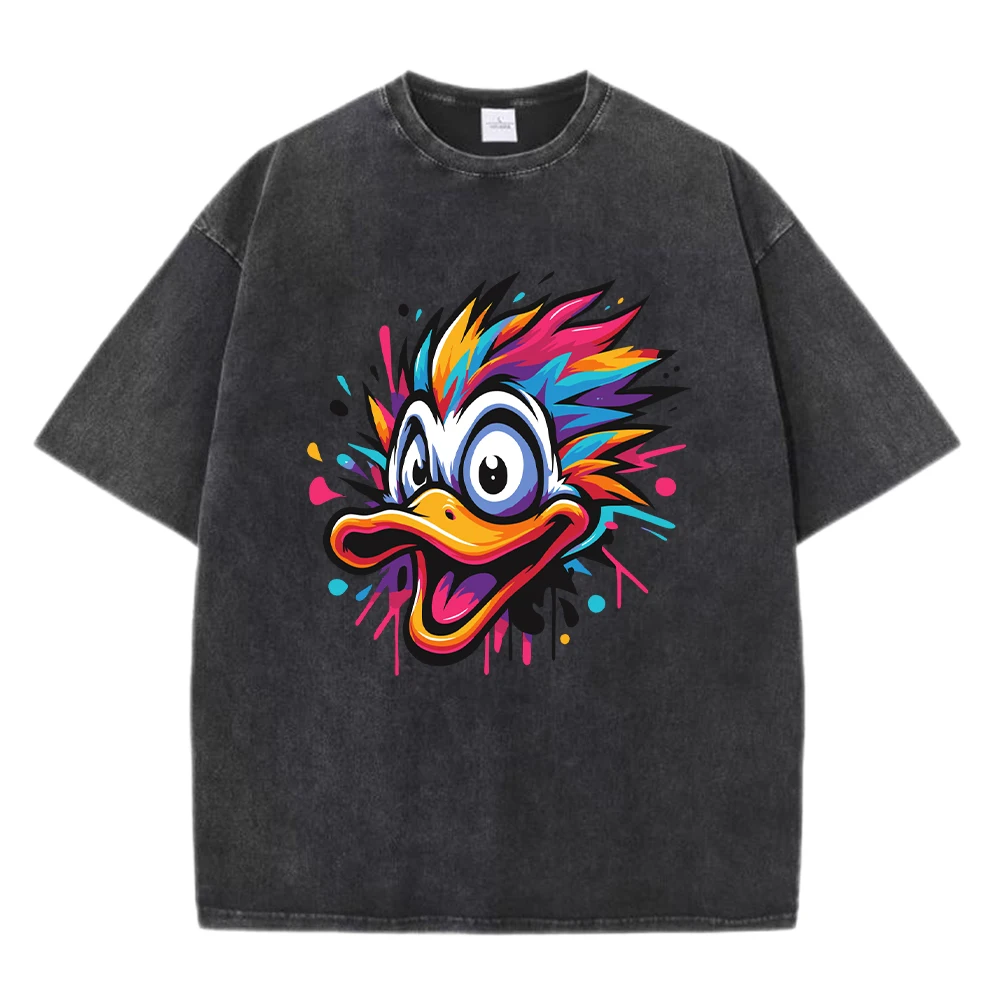 

Graffiti Colorful Duck Printing Men Washed T-Shirts Casual Cotton Clothes O-Neck Soft Short Sleeve Summer Loose Male T Shirt