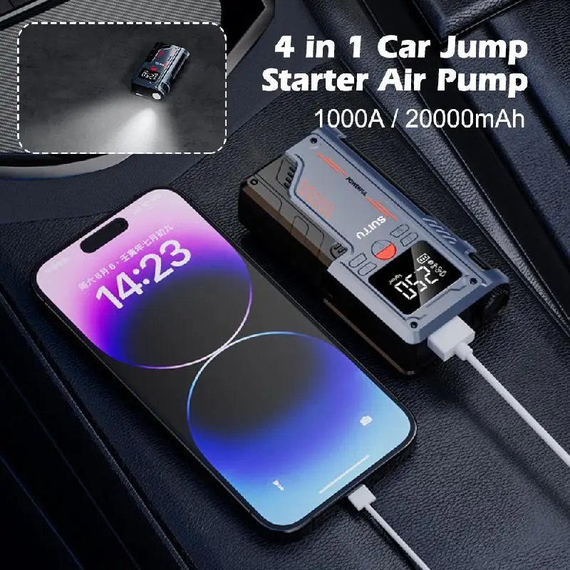 1000A Car Jump Starter Power Bank 4 In 1 Air Compressor Tire Inflator 20000mAh Portable Battery Booster With LED Flashlight