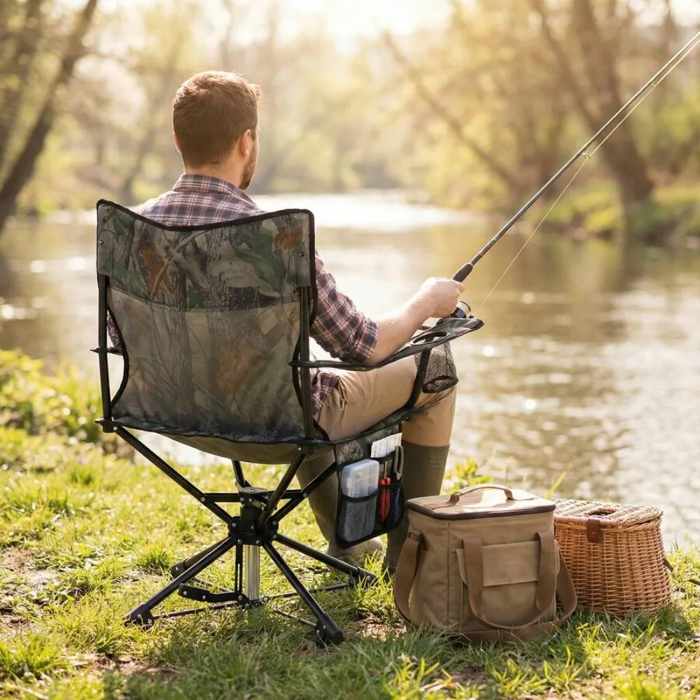 360 Degree Swivel Hunting Chair with Padded Seat and Backrest, Mesh Cup Holder and Storage Pockets, Portable Lightweight Folding Camp Chair with Heavy Duty Steel Frame Supports up to 300 Lbs, for Deer Hunting Blind, Fishing, Camping and Outdoor Activities