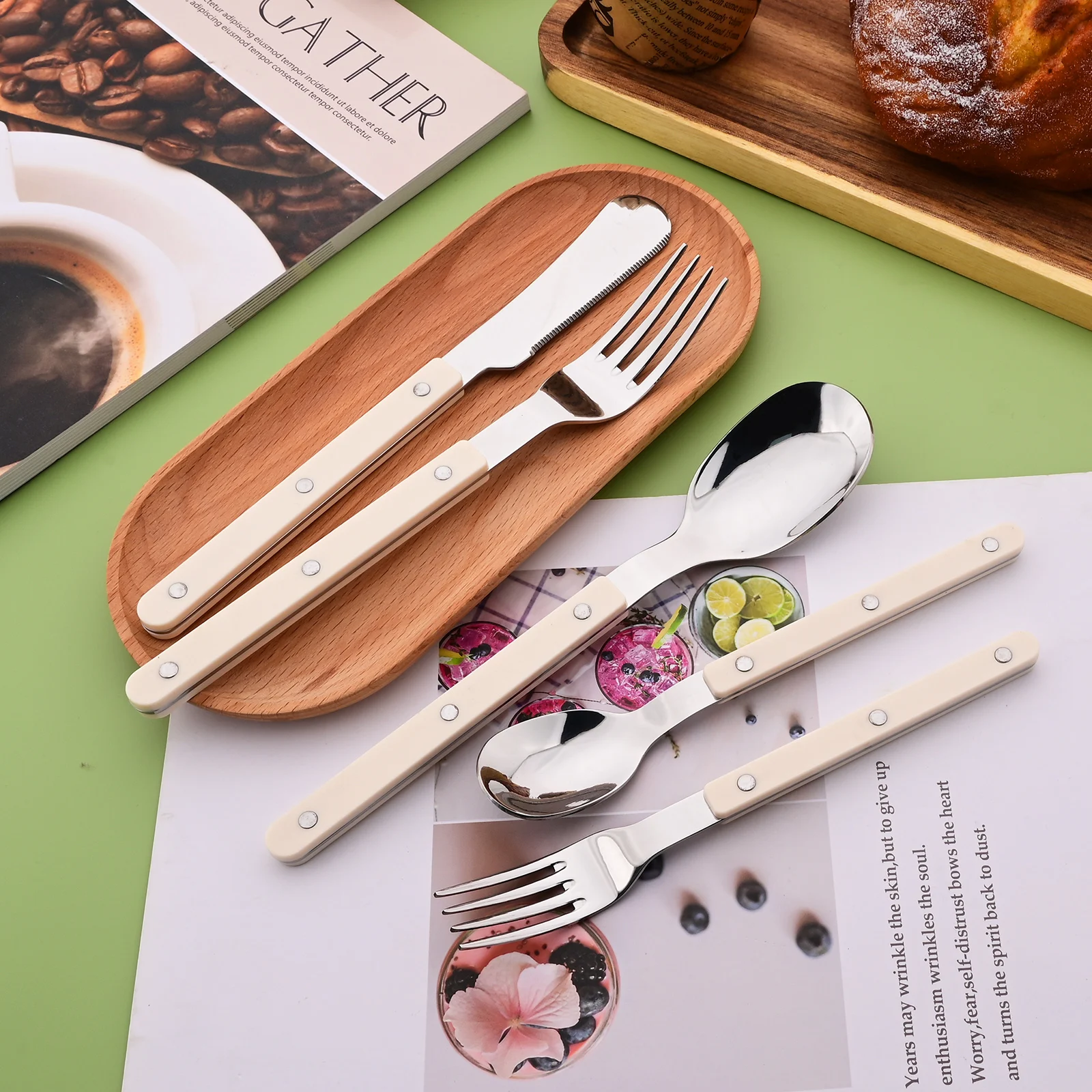 ABS Handle Rivets Decoration Beige Silver Flatware Set Stainless Steels Cutlery Set Western Dinnerware Knife Fork Kitchen Set