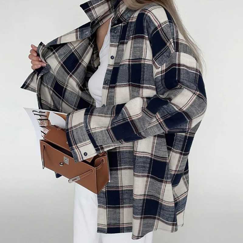 

Autumn Winter Long Sleeve Loose Casual Lazy Style Large Plaid Shirt 2025 European American