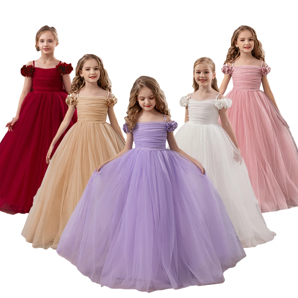 

Off Shoulder Girls Party Dress Lace Top Evening Dresses 8-14Y Mesh Vestidos Elegant Princess Flower Girl Wedding Dresses