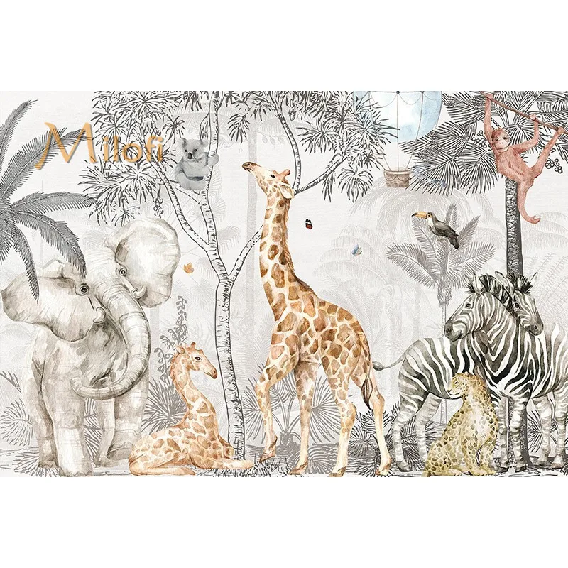 Milofi Aangepaste High-End Muurschildering Tropische Jungle Giraffe Warm Cartoon Behang Kinderkamer Woondecoratie