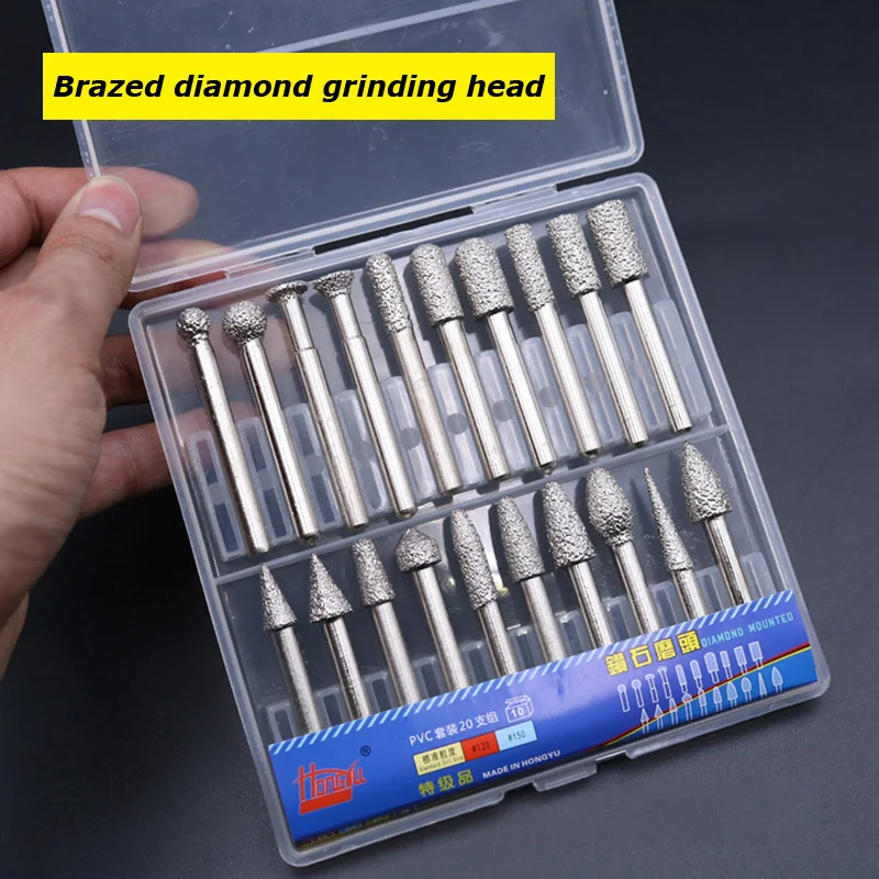 

20pcs Shank 6mm Brazed Diamond Grinding Heads Set Coarse Sand Mounted Points for Jade, Stone, Peeling, Carving Grinding Grit46