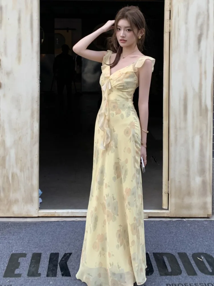 

Women's Elegant Floral Printed Dress FrenchV-Neck Slim Fit Flying Sleeve Long Dresses Vacation Holiday Sexy Travel New Vestidos