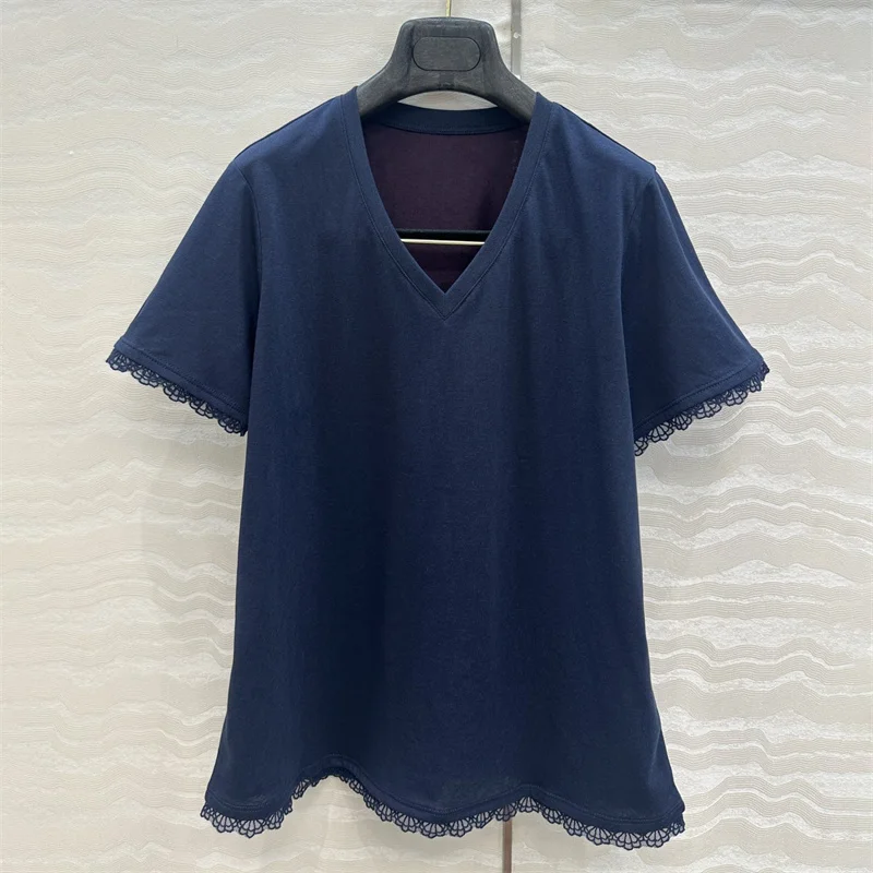 

Women's t-shirt New elastic slim fit V-neck short sleeved top for summer 2025 Lace patchwork pullover y2k pure cotton T-shirts