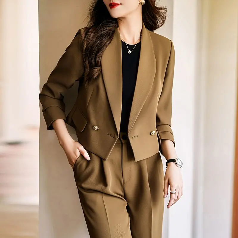 3-G19   Brown suit for women Spring and Autumn new temperament goddess style casuafessional short suit trousers two-piece suit