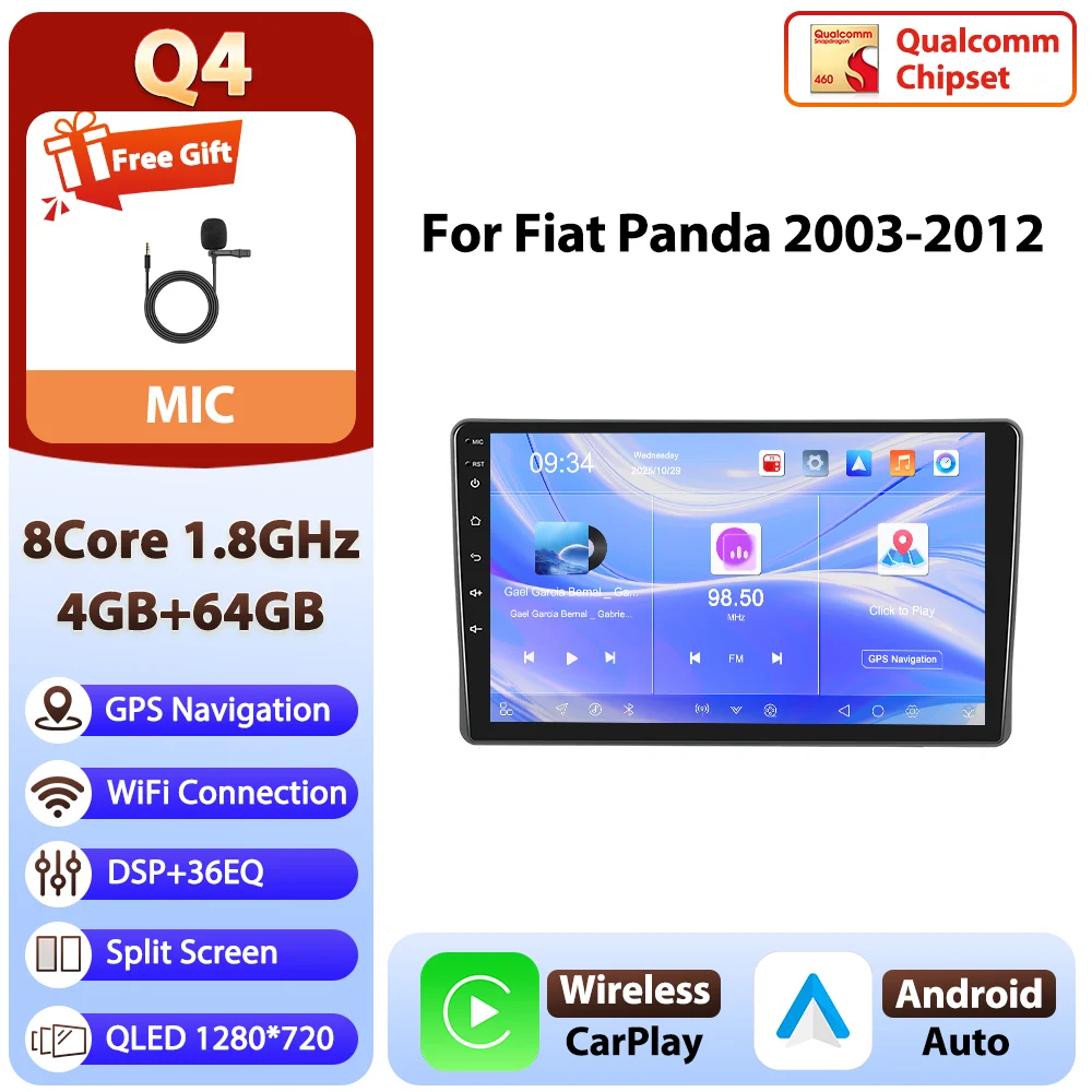 Podofo Android 9 inch 8-core 8+128GB autoradio voor Fiat Panda 2003-2012 met 4G WIFI, multimediaspeler, GPS, AM/FM/RDS - afbeelding 1