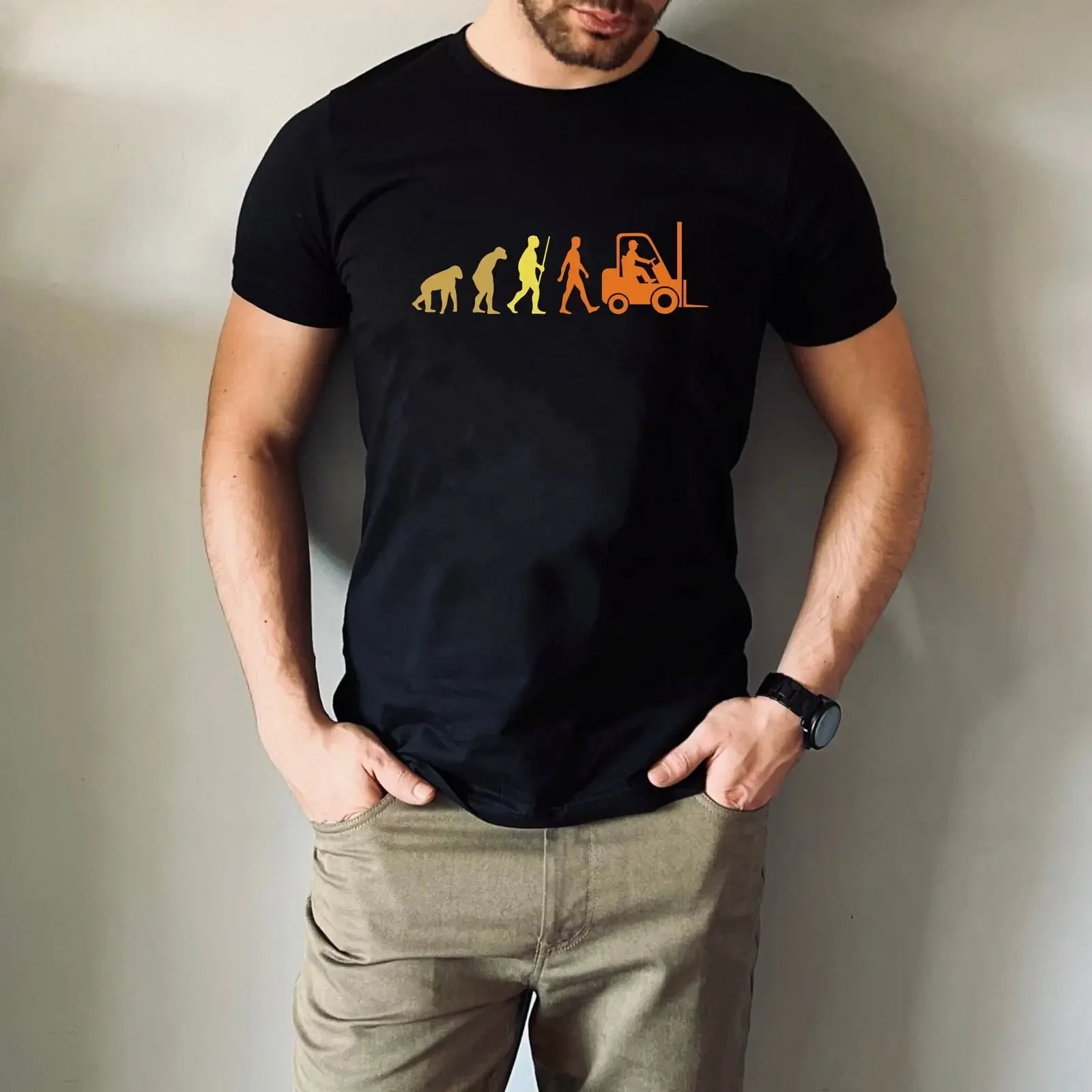 T-shirt décontracté pour homme avec motif 'Funny Evolution of Man Forklift Operator', pour anniversaire et Noël, style vintage, délavé et doux