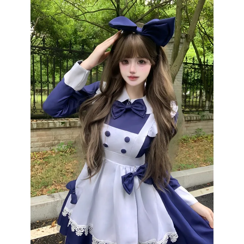 

Color Cosplayer Blue Lolita Vintage Maid Cosplay Costume with Apron Servant Dress Anime Game Uniform Adult Bow Tie Clothing