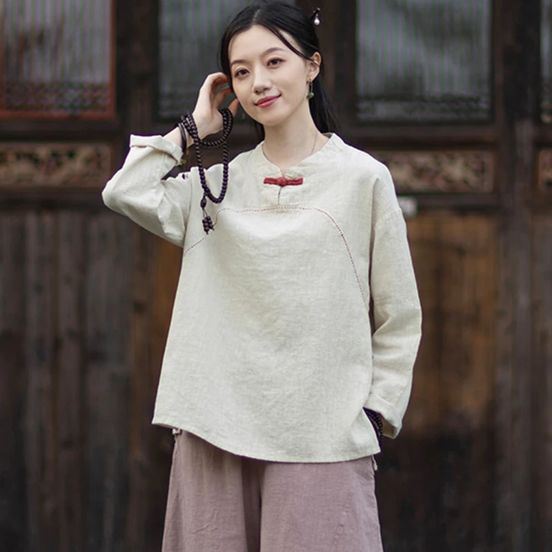 

Высококачественная хлопково-льняная футболка, женская новинка 2025, осенняя винтажная футболка в китайском стиле с воротником-стойкой, женские повседневные топы, рубашки M2021