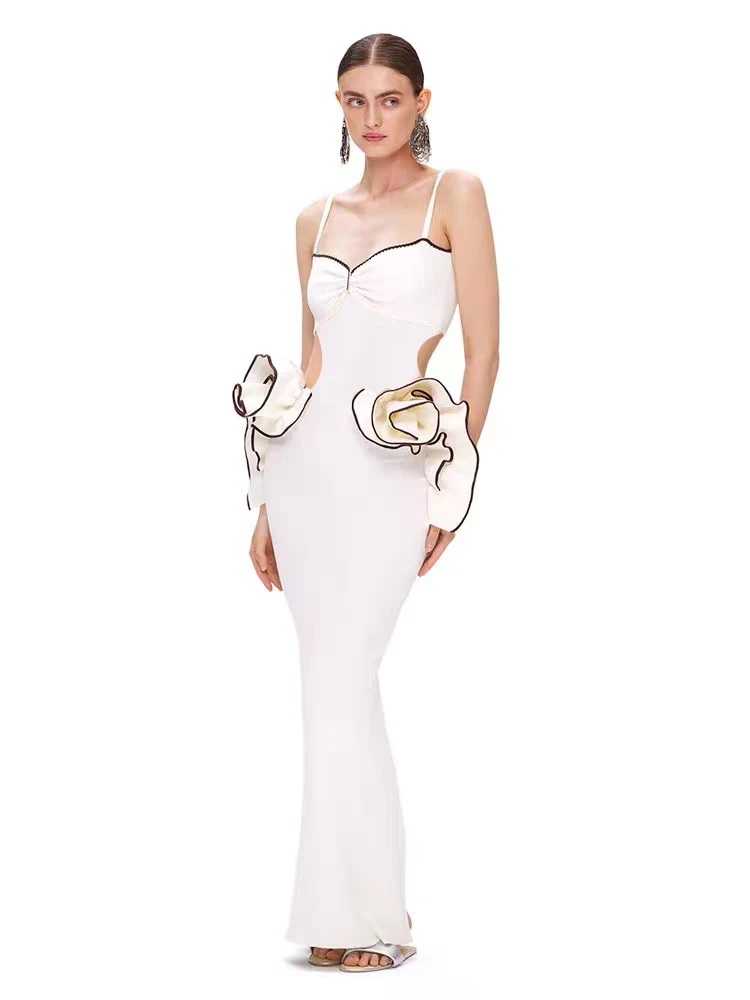 

Women's Sexy 3D Stero Flowers Cut Out White Maxi Long Dress Straps Sleeveless BodyconCocktail Evening Party Dress Vestido