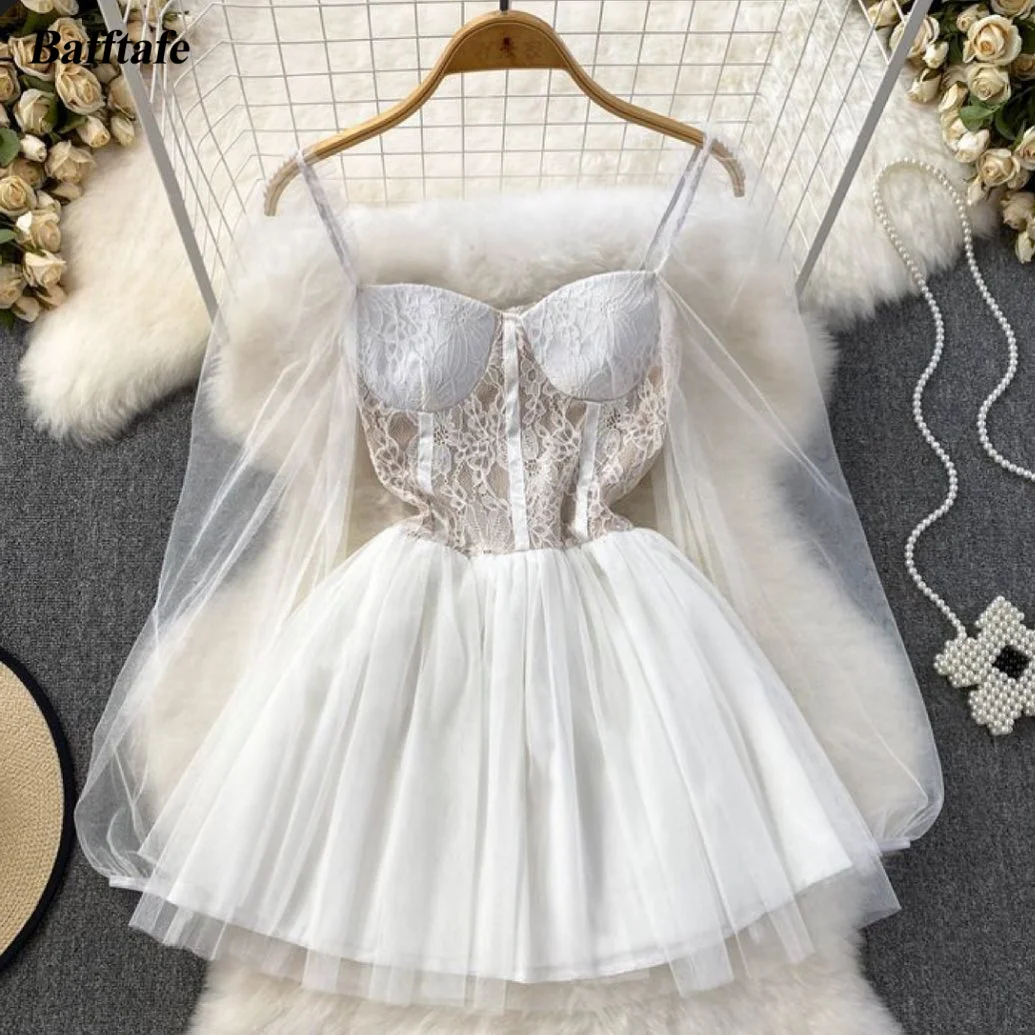 

Bafftafe Ivory Simple Tulle Lace Formal Party Dresses Long Sleeves Women Mini Prom Dress See Through Above Knee Cocktail Gowns