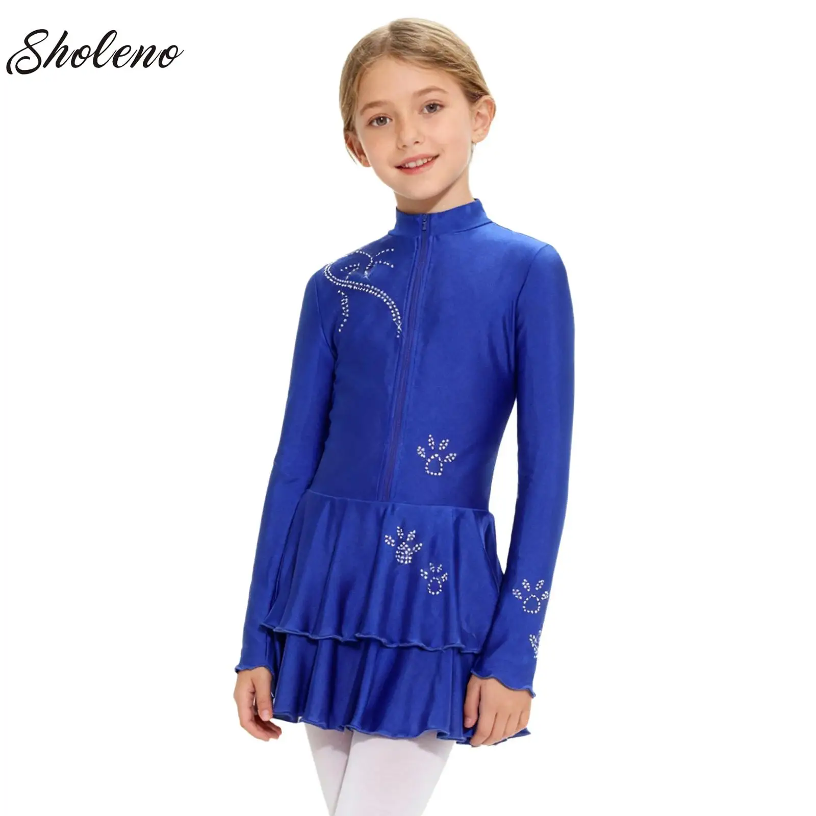 

Girls Ballet Dress Tiered Ruffled Figure Ice Skating Dress Rhinestone Gymnastics Leotard Dance Performance Costume Dancewear