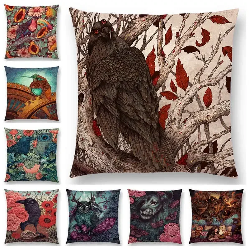 Dark Magic Augury Bird Sofa Pillow Case Three Eyes Raven Steampunk Hummingbird Night Princess Lion Owl Cushion Cover