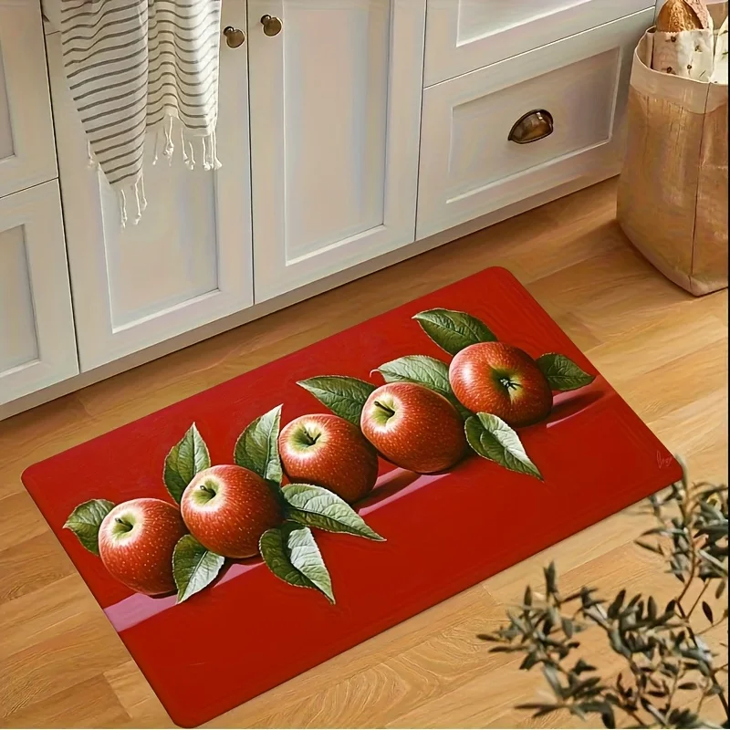 Bright Red Background 3D Red Apple Green Leaf Doormat Realistic Fruit Print Decorative Farmhouse Kitchen  Anti Fatigue Floor Mat