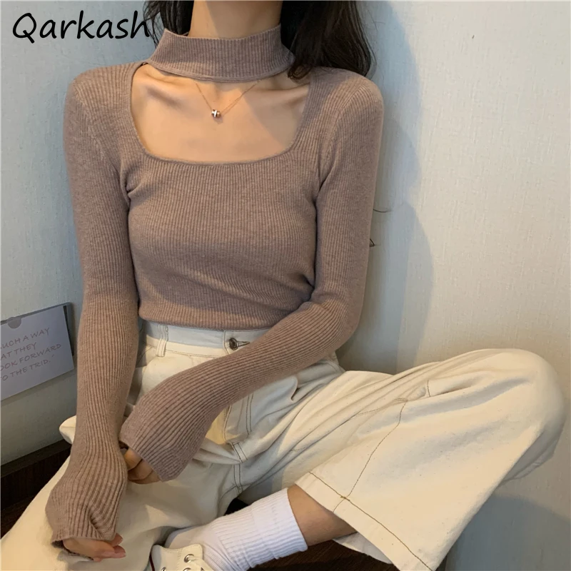 

Pullovers Women Long Sleeve Knitwear Candy Color Harajuku Halter Design Chic Stretchy Jumper Casual Feminino Sweater Soft Mujer