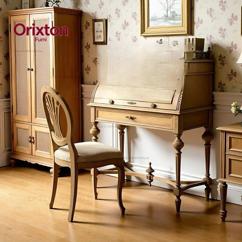 French retro solid wood clamshell dressing table/American rural left and right storage desk, medieval household storage table