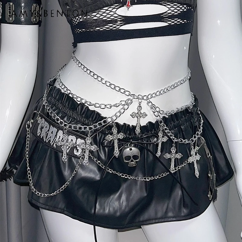 

European American Y2K Hot Girl Pin Women's Shorts Punk New Design Rock Chain PU Leather Embroidered Short Skirt Pants Ladies