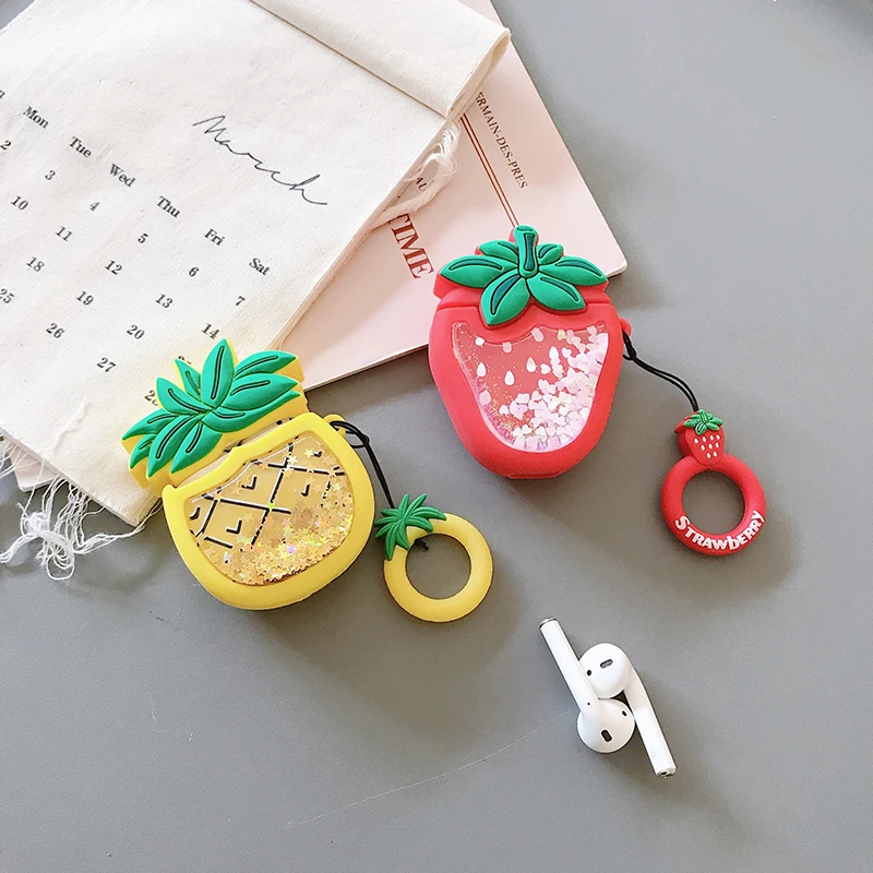 3D Silicone Quicksand Sequins Earphone Case For Airpods 1/2 Strawberry Pineapple Cute Cartoon Headphone Charging Box Cover