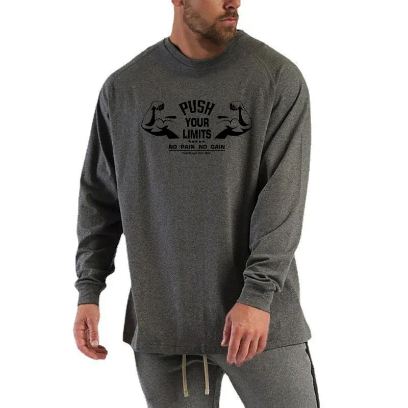 Herbst Übergroßen Langarm T-shirt Herren Lose Dropped Fit Schulter Baumwolle Fitness T Shirt lässig Gym Bodybuilding Tops Tees