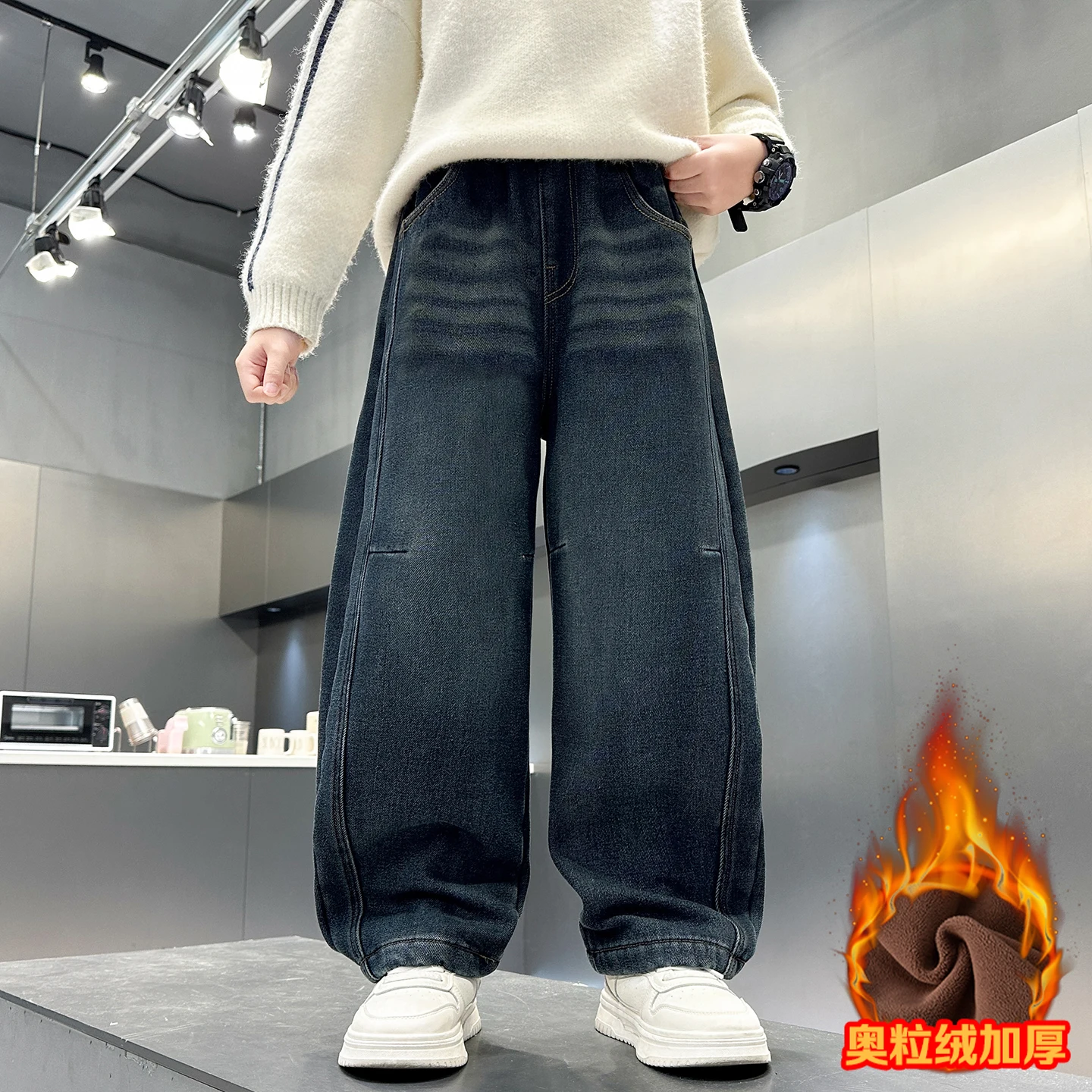 

Зимние утепленные хлопковые джинсы для мальчиков в стильном корейском стиле. 4–15 лет.