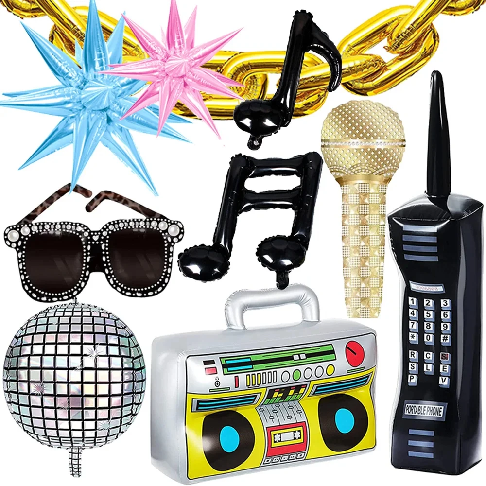 80s 90s Party Decoration Foil Balloon Microphone Roller Skate Gold Chain Mobile Phone Retro Hip Hop Theme Birthday Party Supplie