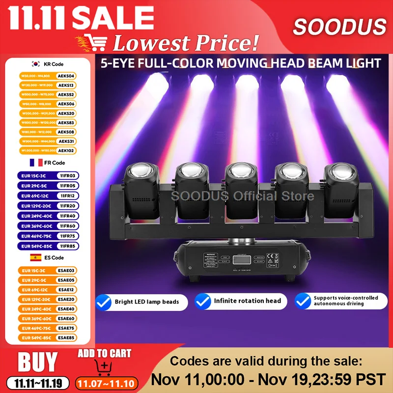 

RDM Smart Moving Head Beam Lights Смешивание цветов Светодиодный сценический светильник 5-головочное освещение Прожектор с эффектом вспышки для концертной вечеринки DJ Show