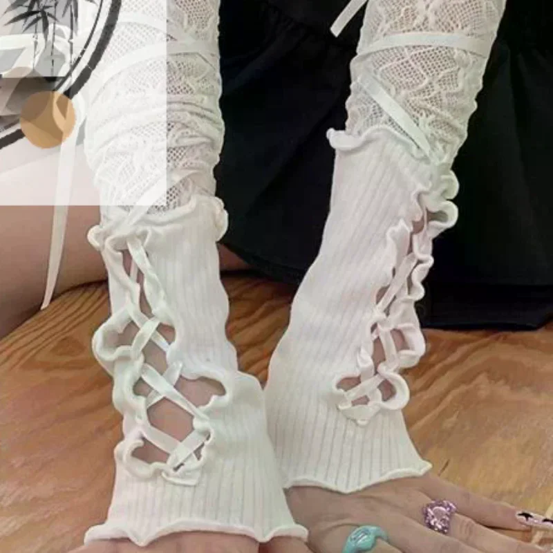 Women Strapping Lace Fingerless Hot Sexy Arm Sleeves DIY Lace-up Sunscreen Gloves Elastic Mesh Punk Gloves Clothing Accessories