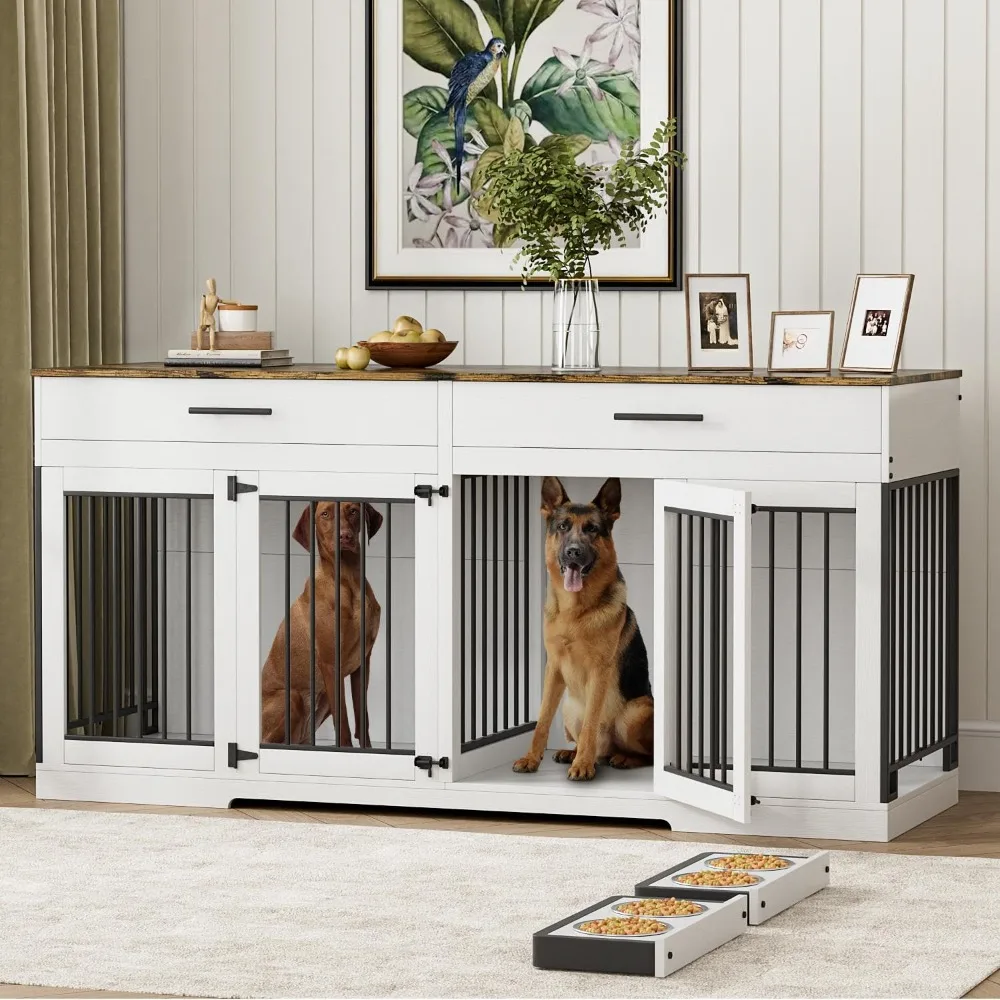

72" Wooden Dog Crate Furniture for 2 Dogs, Large Dog Kennel Furniture with 4 Bowls