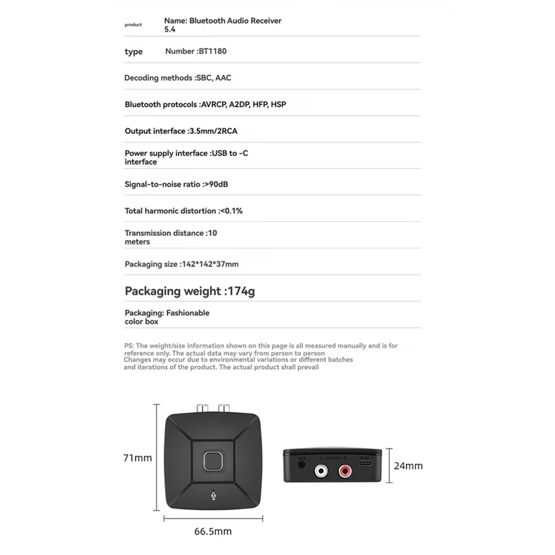 N01R-For Bluetooth 5.4 Receiver Audio Conversion Adapter Type-C AUX 3.5Mm For Modified Audio Amplifier