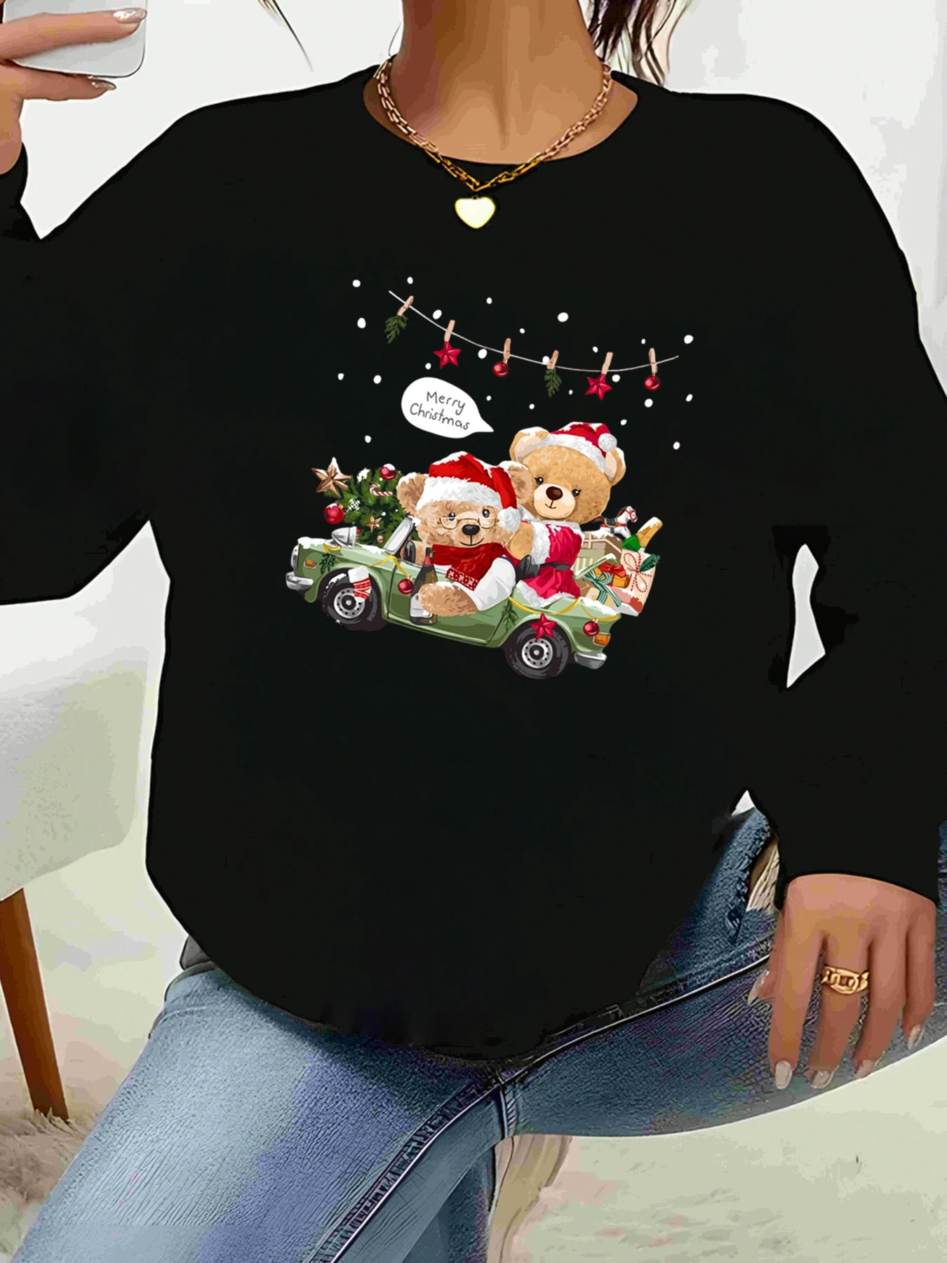 

Женская повседневная одежда с длинными рукавами и принтом плюшевых мишек с рождественским автомобилем и праздничной вечеринкой