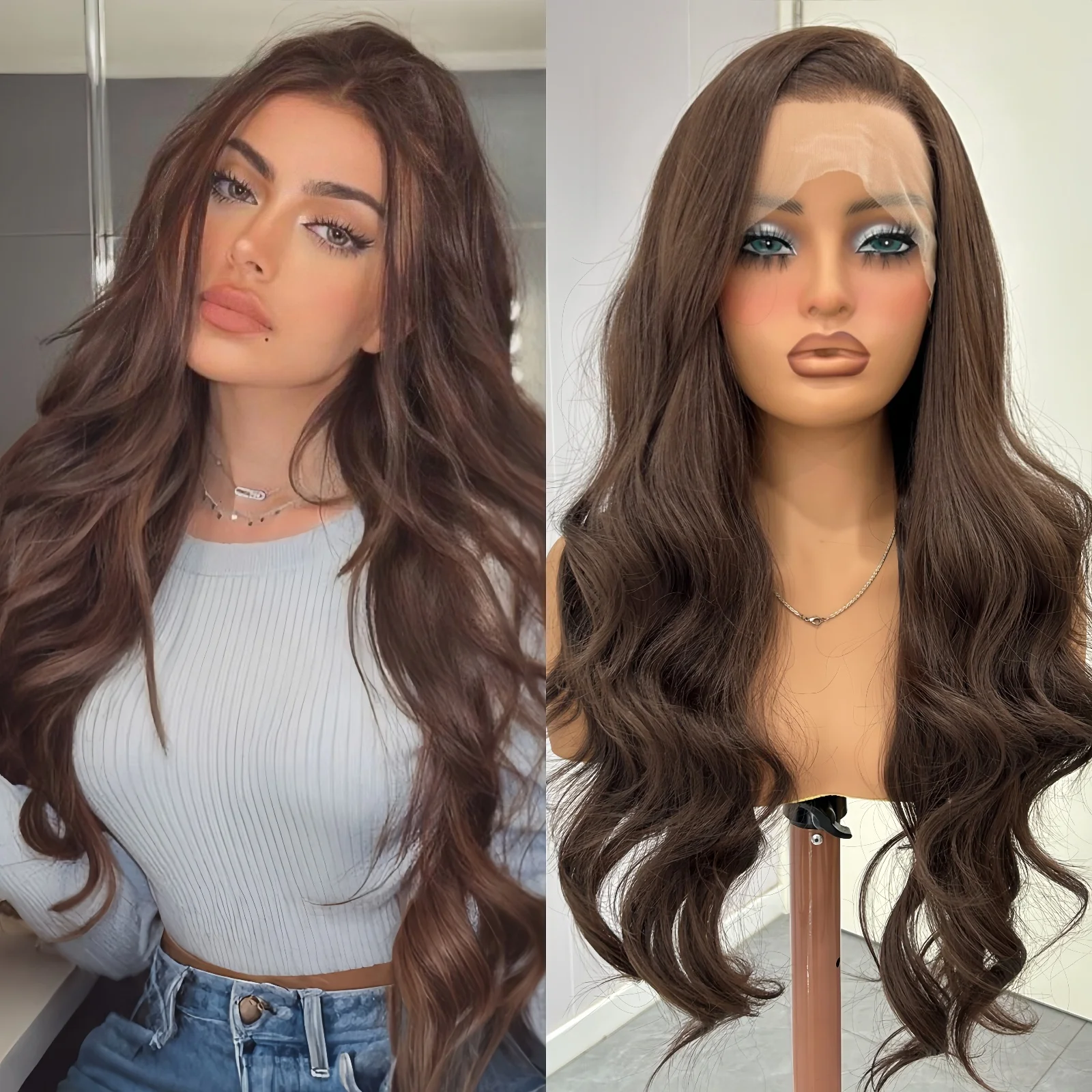 

Chocolate Brown Glueless Body Wave Synthetic Lace Front Wigs for Women Free Part Long Curly Wavy Brunette Daily Party Cosplay