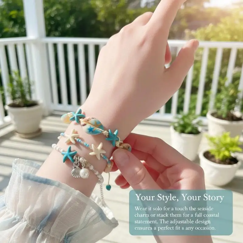 Women Boho Beach Ocean Starfish Shell Beaded Bracelet Adjustable Summer Vacation Jewelry