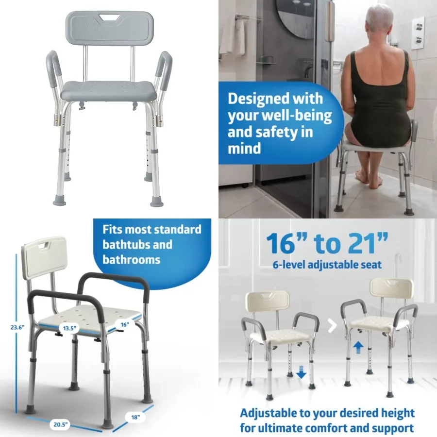

Shower Chair with Arms and Back, Shower Stool, 16" to 21" Seat Height, 13.5" Seat, 350-lb. Capacity