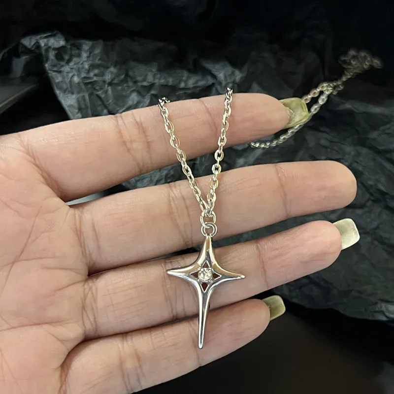 Silver Cross Studded Diamond Four Pointed Star Necklace For Men
