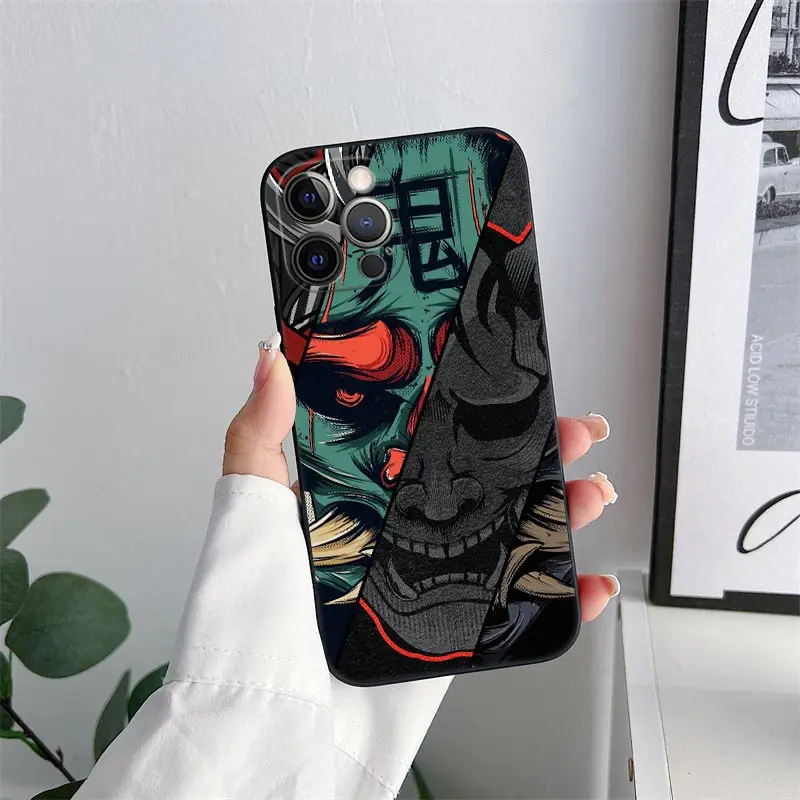 Etui na telefon iPhone 11 15 16 Pro Max Samurai Hannya Mask Ghost Tattoo Coque For Apple 13 Pro 14 Plus 12 Mini XS 7 8 Soft Cover