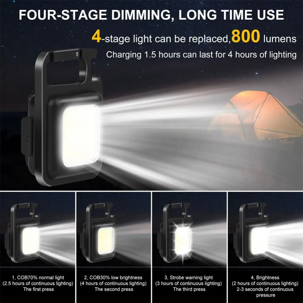 Mini LED Light COB Lamp Keychain Light Mutifuction Portable USB Rechargeable Pocket Work Light Outdoor Camping Fishing Climbing