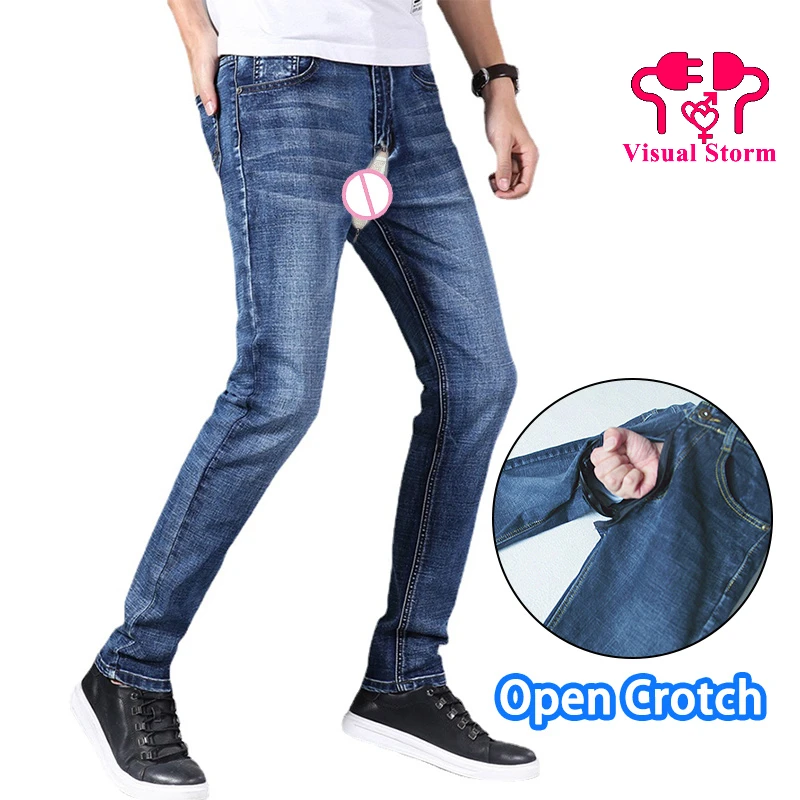 Outdoor Sex Pants for Men Jeans Crotchless Hidden Zipper Couple Dating Erotic Costume Funny Denim Trousers Open Crotch Pants